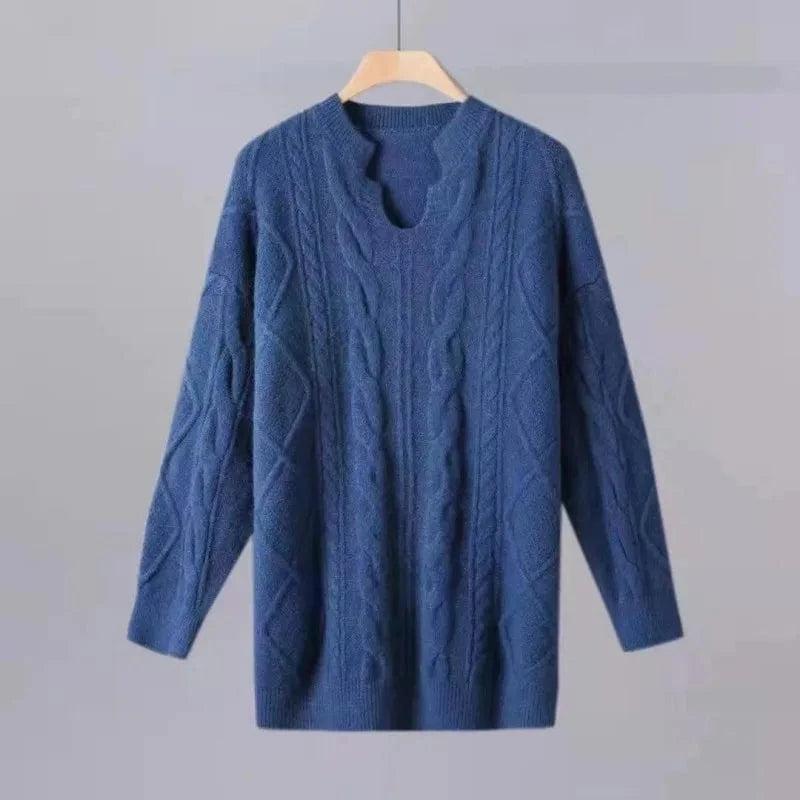 Plus Size / Dark blue 2024 Autumn and winter high-quality best-selling V-neck long sleeve loose thick fashion women's knitted long pullover sweater
