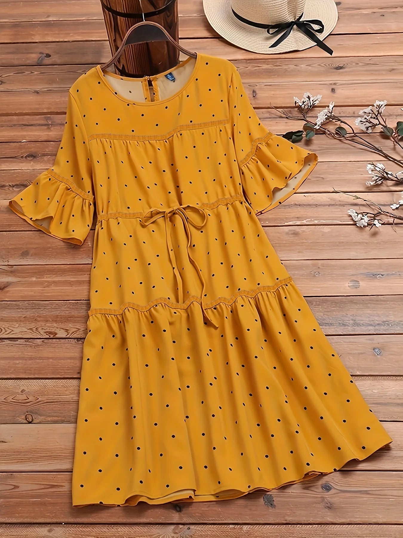 Plus Size Dress + Polka Dot Print With Drawstring Waist + Prairie Chic Vintage Inspired - SN Wigs & More