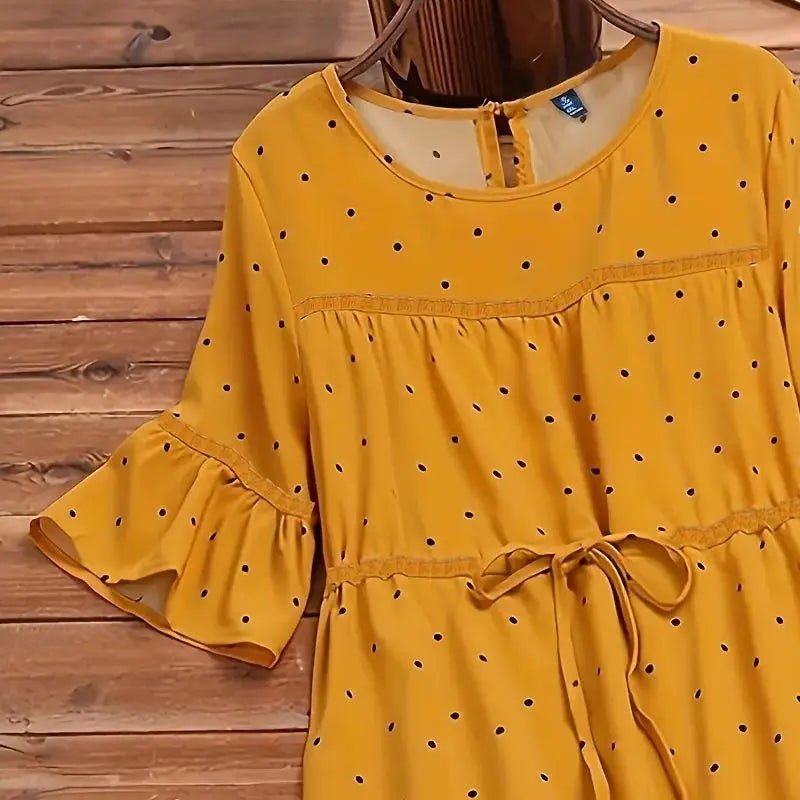 Plus Size Dress + Polka Dot Print With Drawstring Waist + Prairie Chic Vintage Inspired - SN Wigs & More