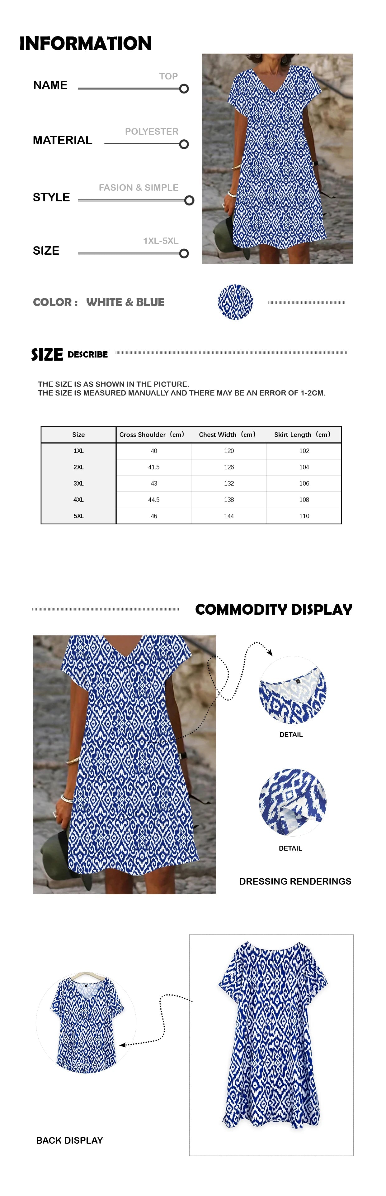 Plus Size Dress + V - Neck Silhouette, Tie - Dye Print, Lightweight Polyester + Bohemian Style - SN Wigs & More