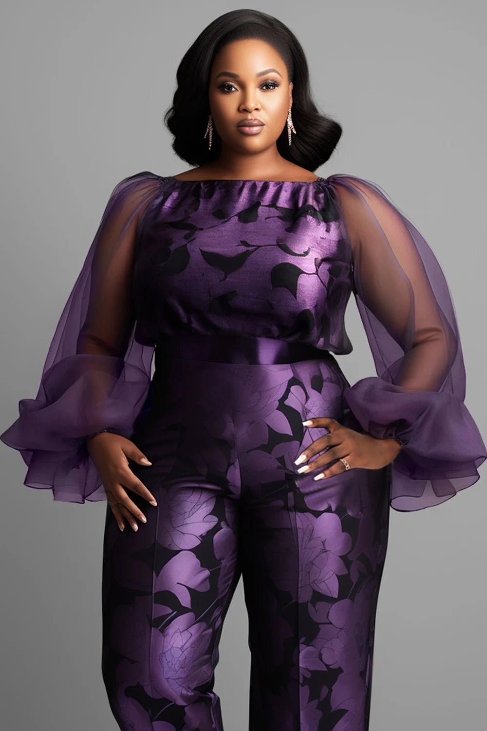 Plus Size Formal Purple Floral Boat Neck Lantern Sleeve Long Sleeve See Through Elegant Satin Tulle Jumpsuits - SN Wigs & More