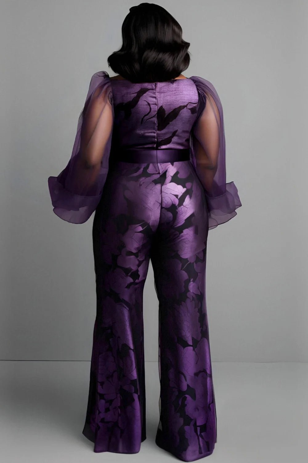 Plus Size Formal Purple Floral Boat Neck Lantern Sleeve Long Sleeve See Through Elegant Satin Tulle Jumpsuits - SN Wigs & More