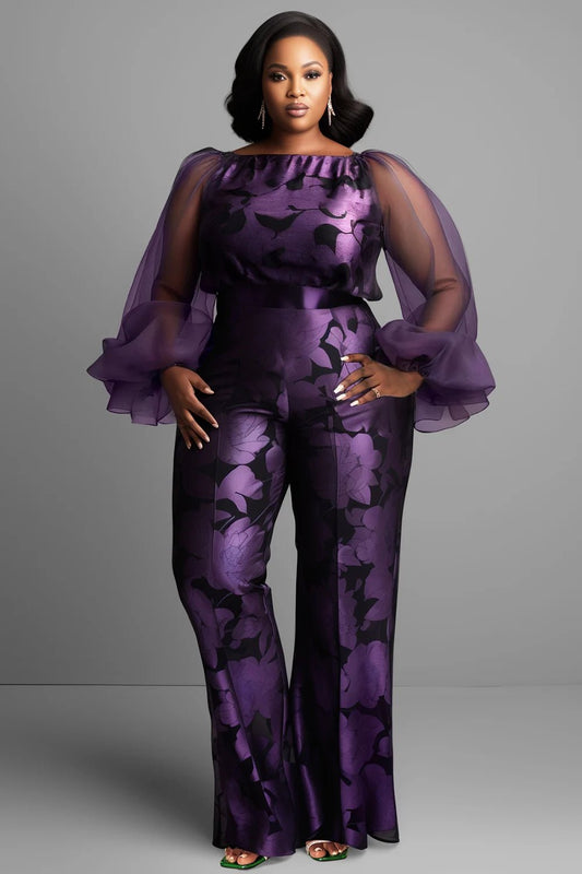 Plus Size Formal Purple Floral Boat Neck Lantern Sleeve Long Sleeve See Through Elegant Satin Tulle Jumpsuits - SN Wigs & More