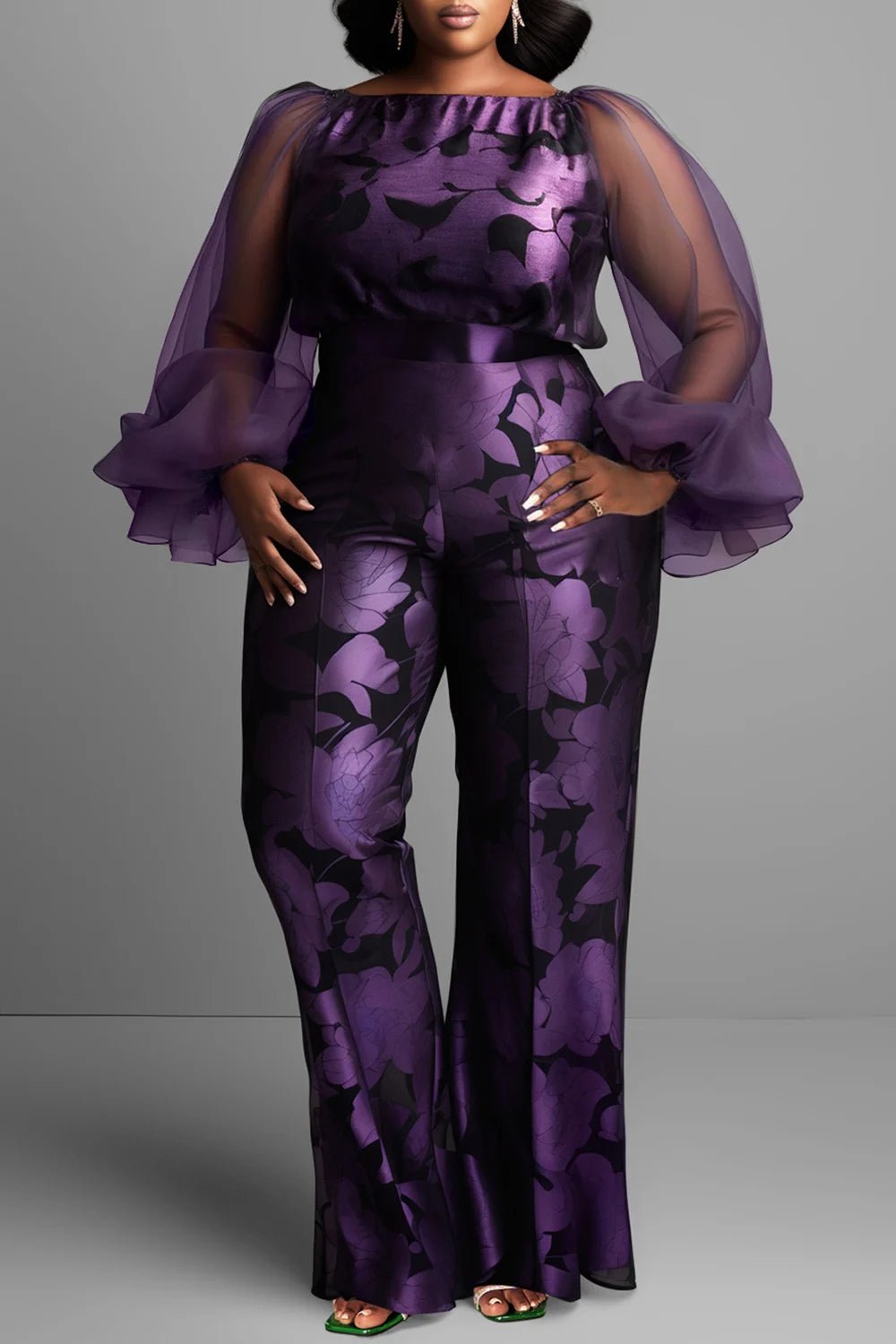 Plus Size Formal Purple Floral Boat Neck Lantern Sleeve Long Sleeve See Through Elegant Satin Tulle Jumpsuits - SN Wigs & More