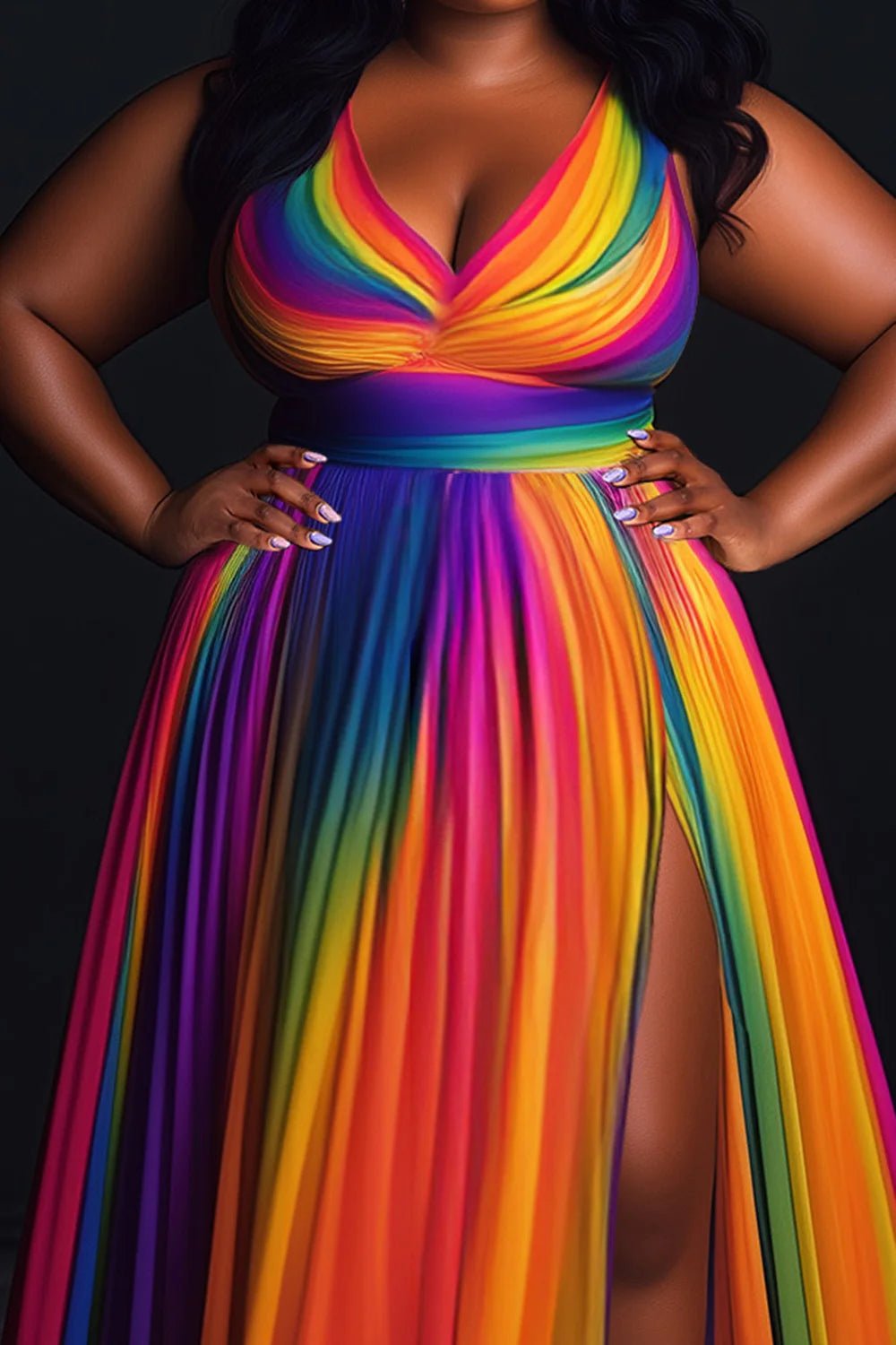 Plus Size Formal Rainbow Sundress Gradient V Neck Split Maxi Dresses - SN Wigs & More
