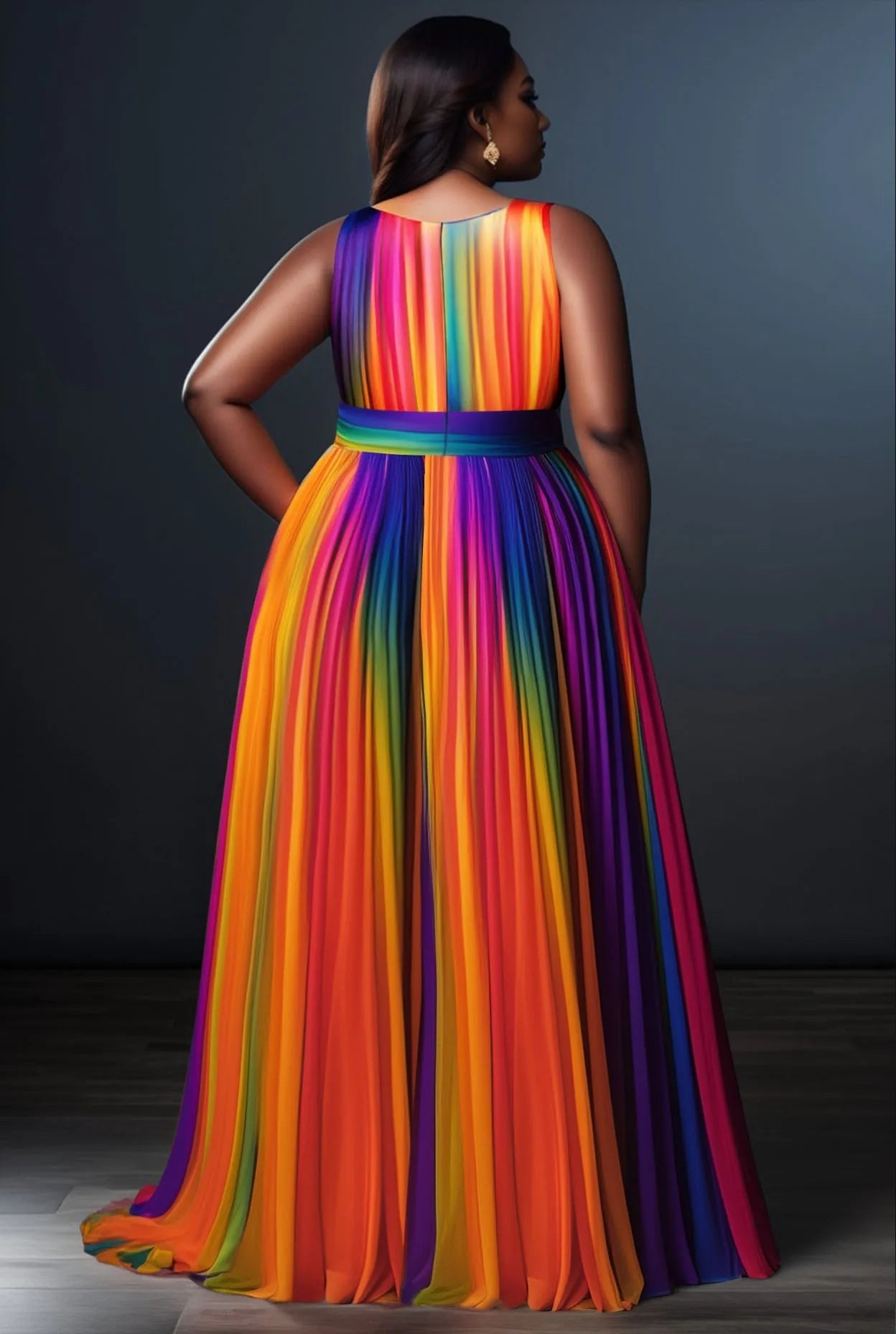 Plus Size Formal Rainbow Sundress Gradient V Neck Split Maxi Dresses - SN Wigs & More