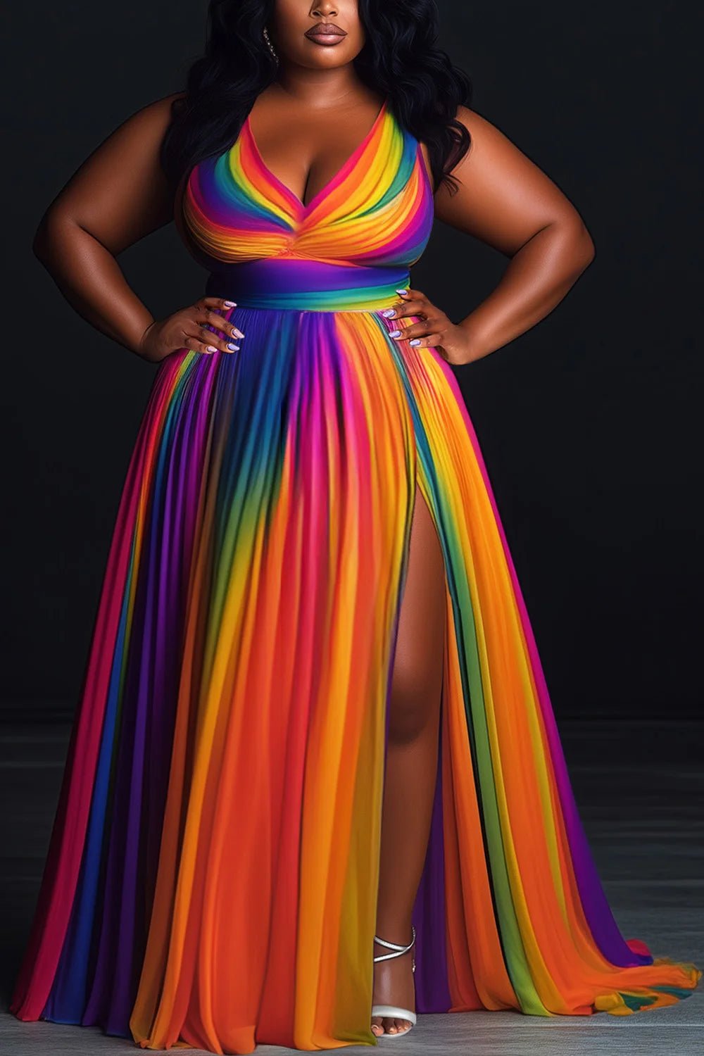 Plus Size Formal Rainbow Sundress Gradient V Neck Split Maxi Dresses - SN Wigs & More