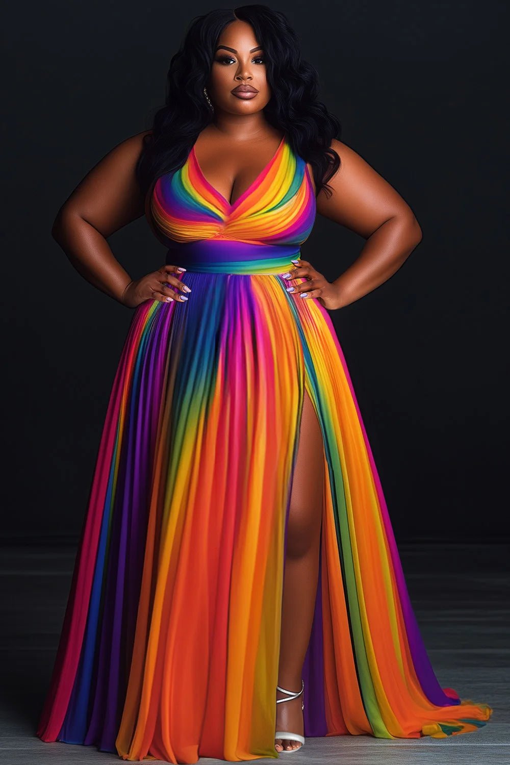 Plus Size Formal Rainbow Sundress Gradient V Neck Split Maxi Dresses - SN Wigs & More