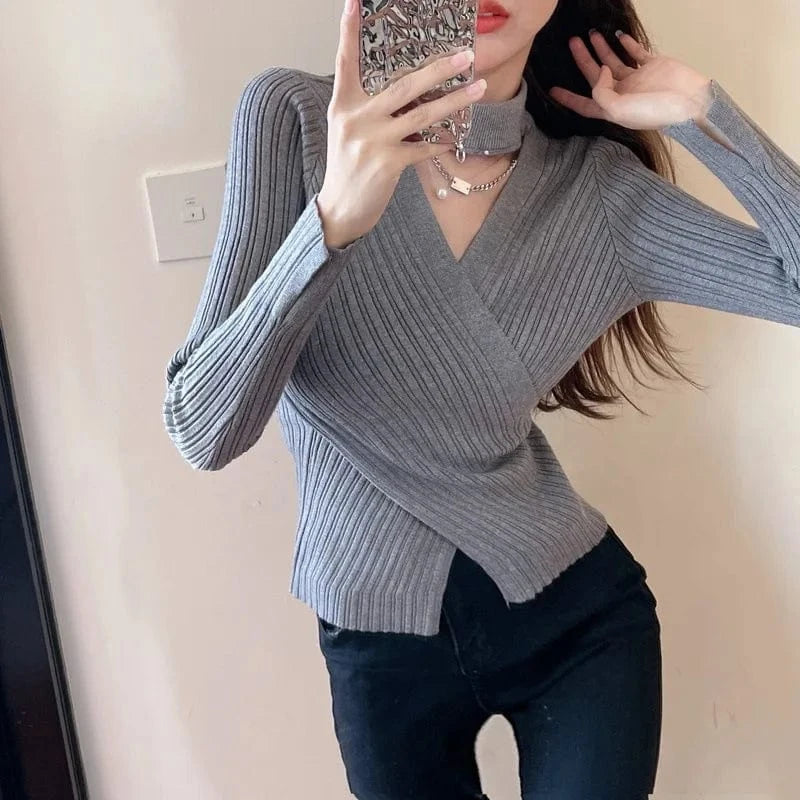 Plus Size / Gray 2023 autumn new arrival fashion high-quality slim-fit women's semi-high crewneck solid color halters knit base sweater