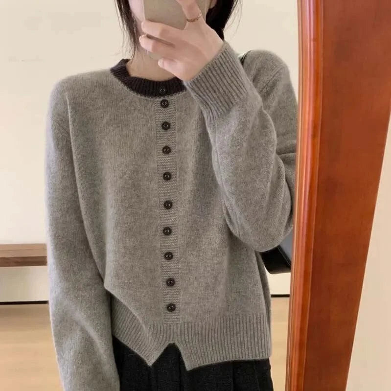 Plus Size / Gray 2024 autumn best-selling new arrival crew-neck solid color button design loose long-sleeved fashion women's knitted sweater