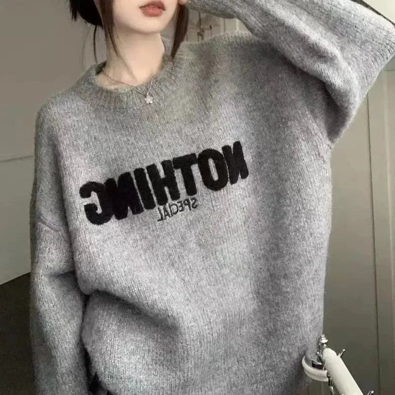 Plus Size / Gray 2024 autumn quality best-selling round neck long sleeve loose alphabet embroidered women's pullover sweater