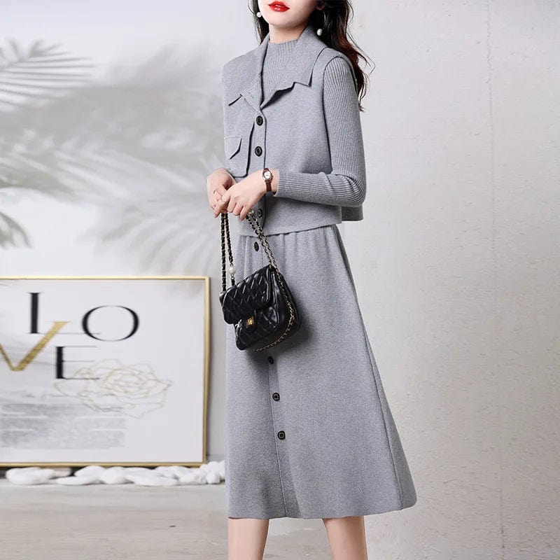 Plus Size / Gray 2024 spring new arrival lady dress sweater with suit coat sweater dress set