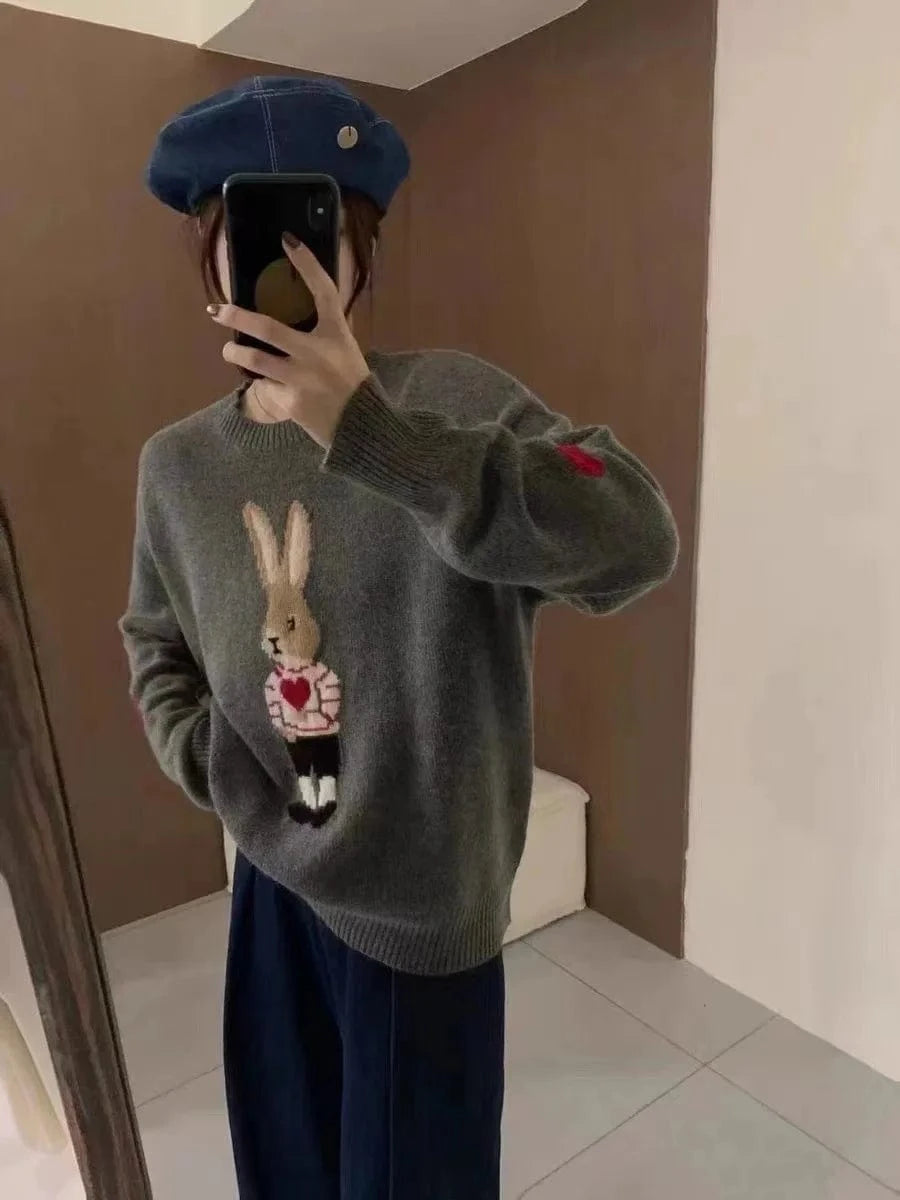 Plus Size / Gray 2024 Spring women new arrival crew neck long sleeve cartoon animal jacquard  sweater jumper