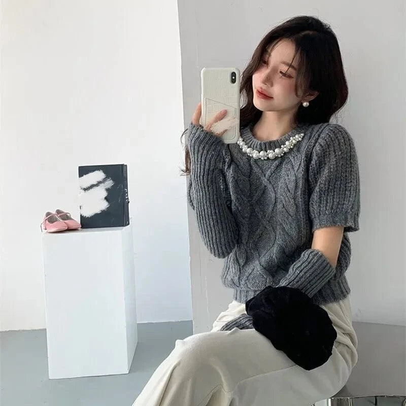 Plus Size / Gray Vietnam Cambodia Thailand Malaysia Indonesia Philippines new round neck long sleeve nailed bead women's pullover sweater