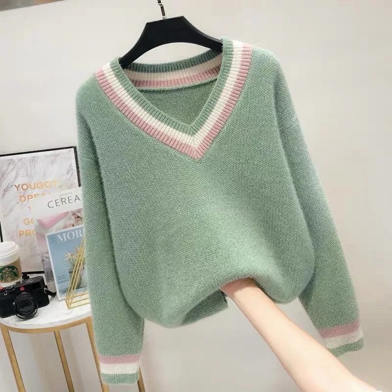 Plus Size / Green 2024 spring new arrivals best-selling high-quality V-neck loose solid color fashion women's boutique cheap pullover sweater