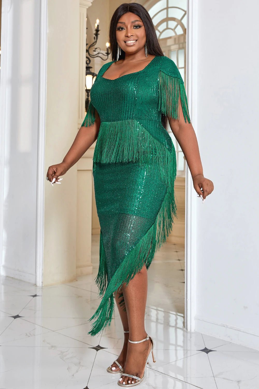 Plus Size Green Semi Formal Short Sleeve Sequin Fringe Asymmetrical Elegant Midi Dresses - SN Wigs & More