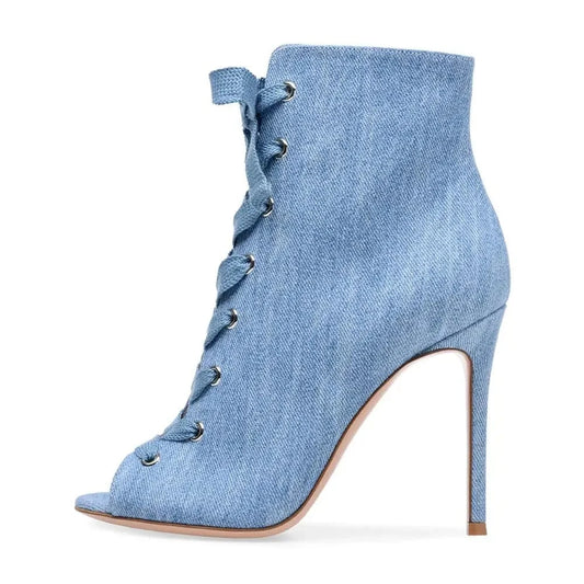 Plus Size High Heel Denim Booties for Women Peep Toe Lace Up Ankle Boots