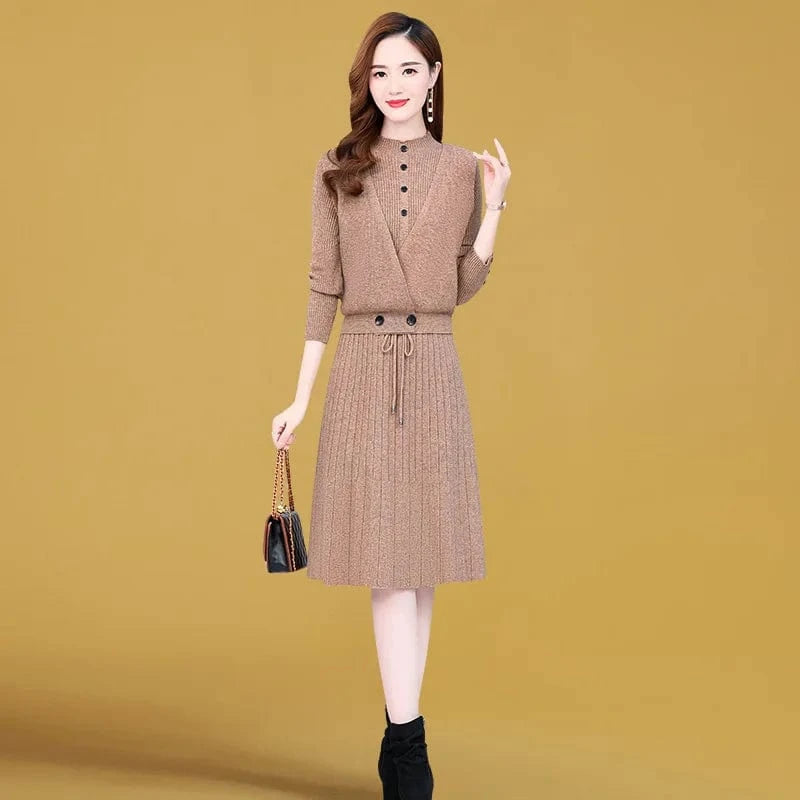 plus size / Khaki 2023 autumn new high-quality round neck lotus sleeve fashion women slimming solid color knit dress
