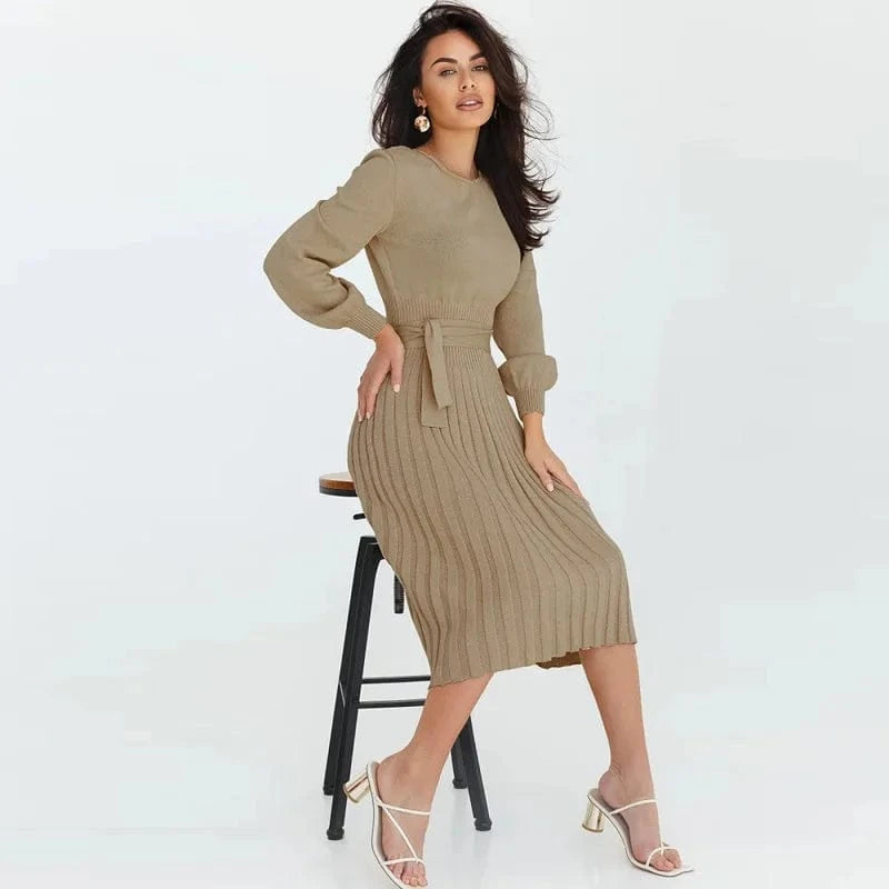 plus size / Khaki 2023 Fashion ladies Autumn winter solid color round neck lantern sleeve high waist loose dress sweater