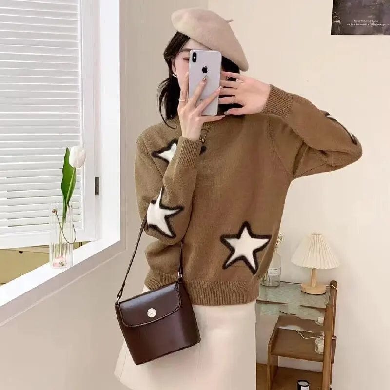 Plus Size / Khaki 2024 spring high-quality best-selling round neck loose fashion women's solid color five-pointed star jacquard boutique knitwear