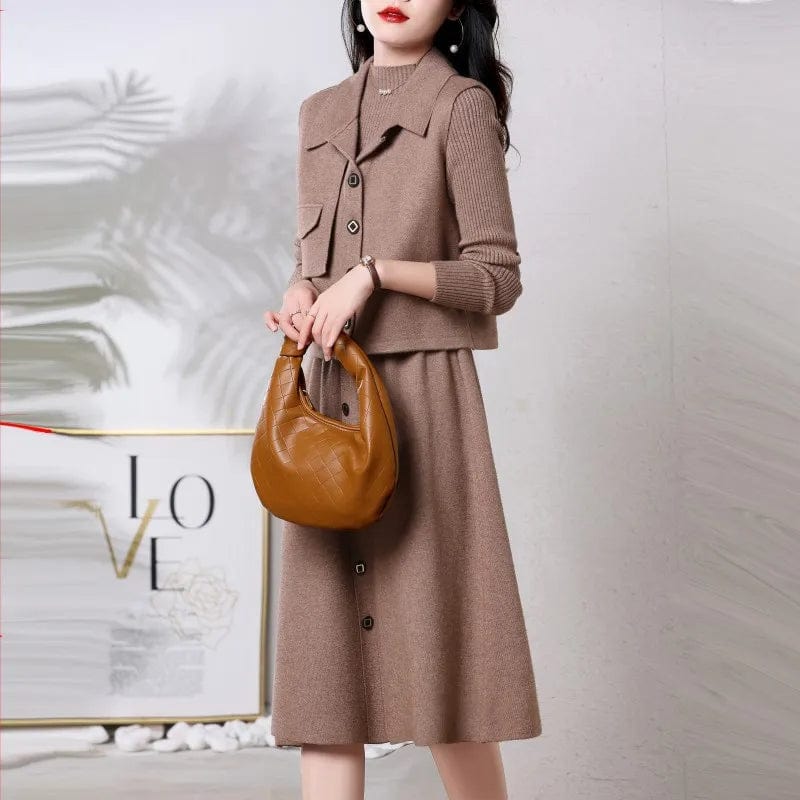 Plus Size / Khaki 2024 spring new arrival lady dress sweater with suit coat sweater dress set