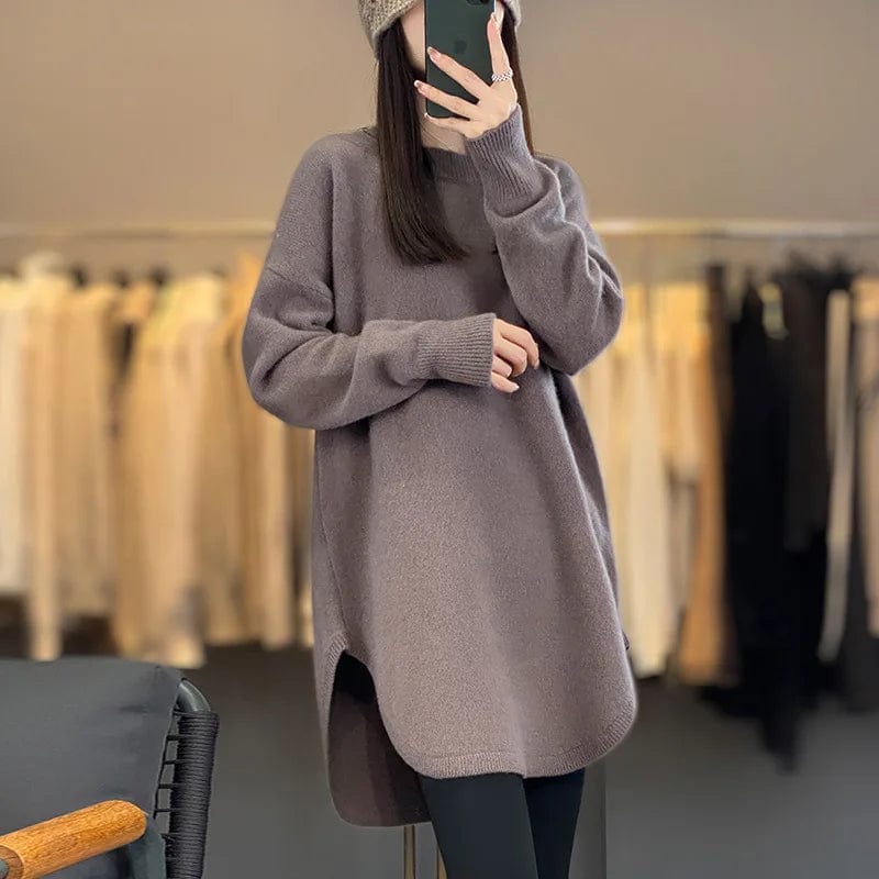 Plus Size / Khaki 2024 spring new arrivals best-selling women's high-quality crew-neck solid color long-sleeved pullover long sweater