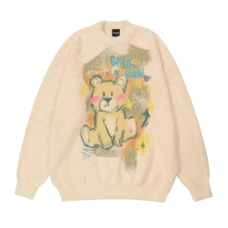 Plus Size / Khaki 2024 Spring  woman new arrival crew neck long sleeve oversize mohair cartoon bear jacquard mohair sweater jumper