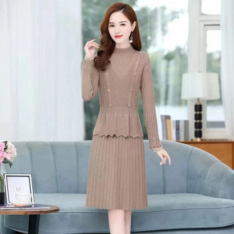 plus size / Khaki Autumn and winter high quality selling solid color round collar button design high waist in the long two-piece A-line dress