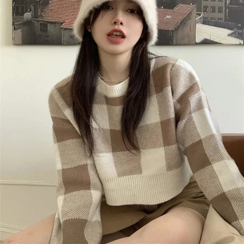 Plus Size / Khaki Spring autumn fashion ladies new arrival round neck high-quality simple plaid jacquard long sleeve solid color pullover sweater