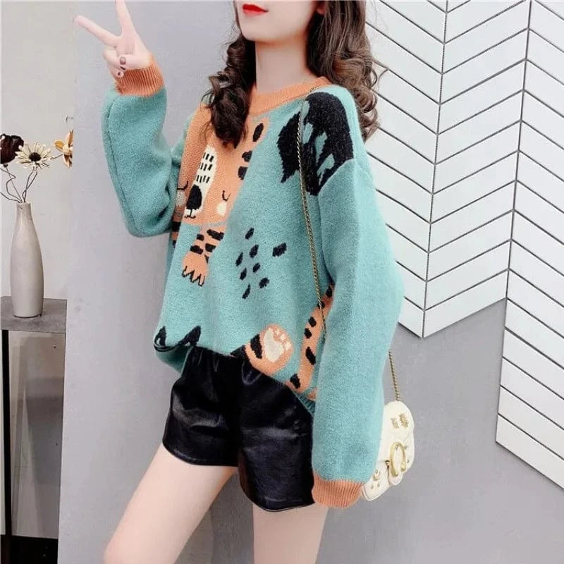 Plus Size / Light Blue 2024 Spring and autumn high-quality best-selling round neck long sleeve loose cartoon cat cute fashion women's printed sweater