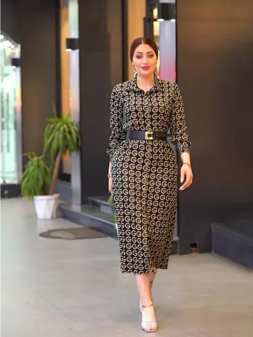 Plus Size Long Sleeve Printed Shirt - Collar Dress - Modest Elegant Islamic Abaya Style - SN Wigs & More