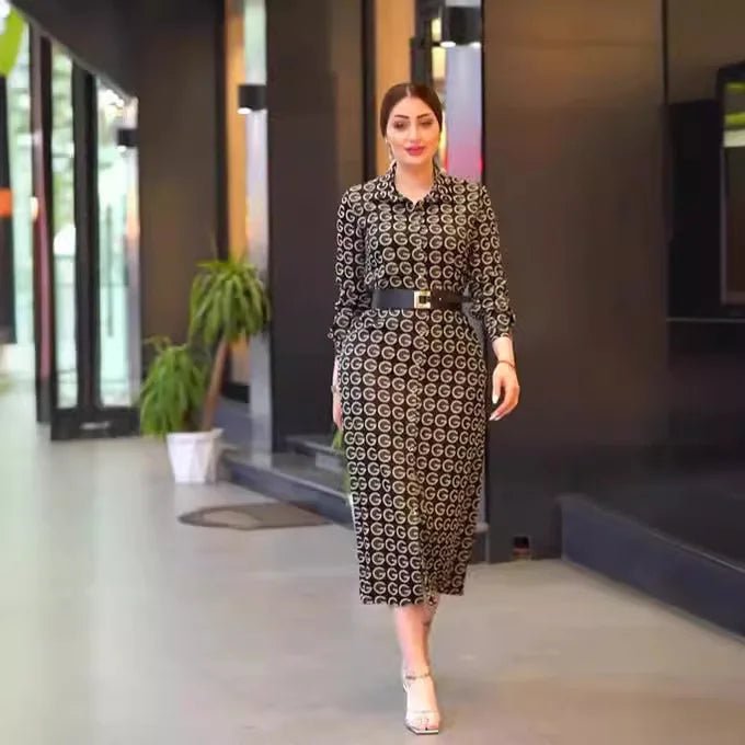 Plus Size Long Sleeve Printed Shirt - Collar Dress - Modest Elegant Islamic Abaya Style - SN Wigs & More