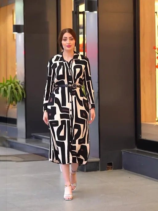 Plus Size Long Sleeve Printed Shirt - Collar Dress - Modest Elegant Islamic Abaya Style - SN Wigs & More