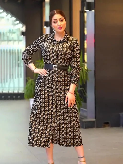 Plus Size Long Sleeve Printed Shirt - Collar Dress - Modest Elegant Islamic Abaya Style - SN Wigs & More