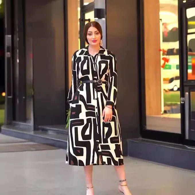 Plus Size Long Sleeve Printed Shirt - Collar Dress - Modest Elegant Islamic Abaya Style - SN Wigs & More