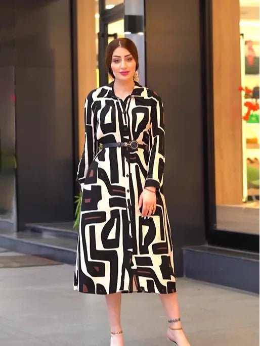 Plus Size Long Sleeve Printed Shirt - Collar Dress - Modest Elegant Islamic Abaya Style - SN Wigs & More
