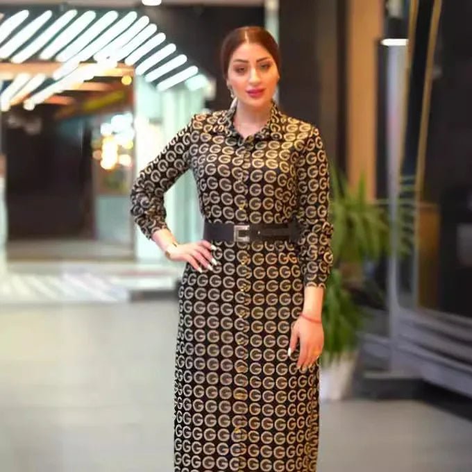 Plus Size Long Sleeve Printed Shirt - Collar Dress - Modest Elegant Islamic Abaya Style - SN Wigs & More