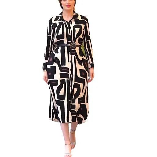 Plus Size Long Sleeve Printed Shirt - Collar Dress - Modest Elegant Islamic Abaya Style - SN Wigs & More