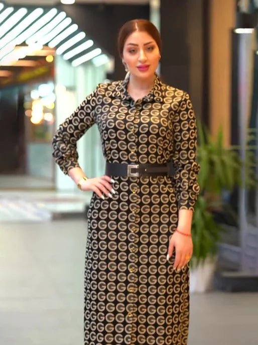 Plus Size Long Sleeve Printed Shirt - Collar Dress - Modest Elegant Islamic Abaya Style - SN Wigs & More