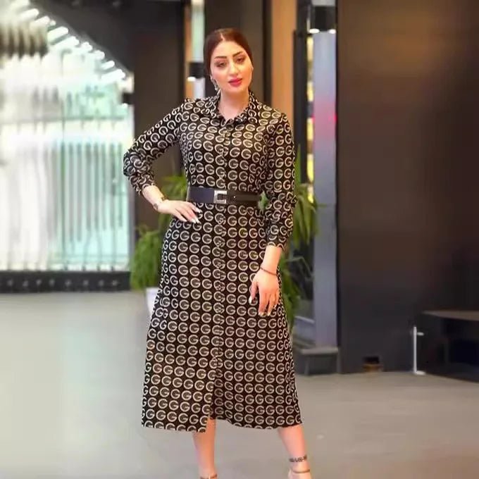 Plus Size Long Sleeve Printed Shirt - Collar Dress - Modest Elegant Islamic Abaya Style - SN Wigs & More