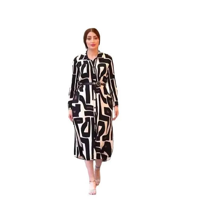 Plus Size Long Sleeve Printed Shirt - Collar Dress - Modest Elegant Islamic Abaya Style - SN Wigs & More