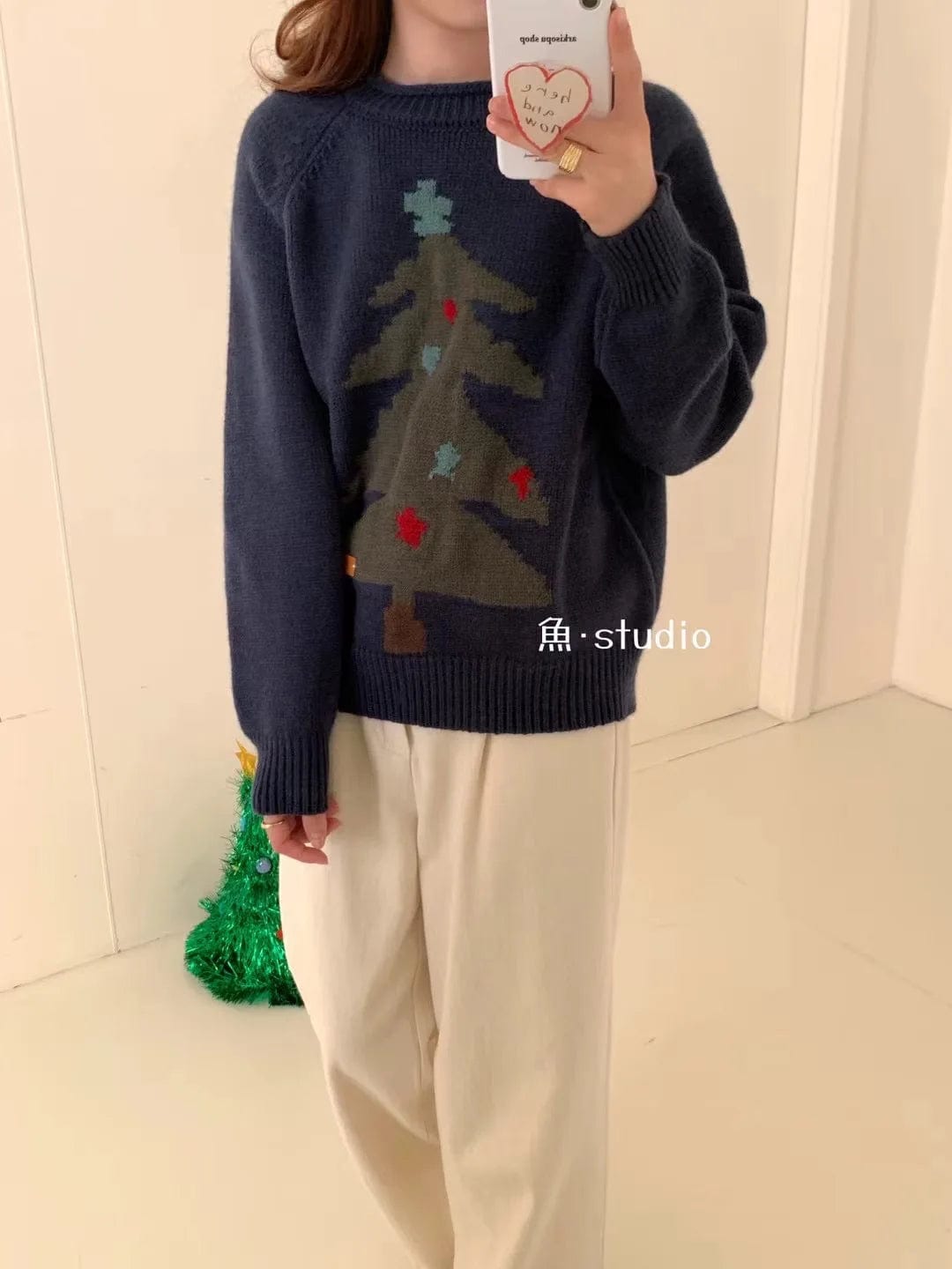 Plus Size / NAVY 2024 Spring new arrival neck long sleeve loose santa tree high quality jacquard sweater pullover jumper
