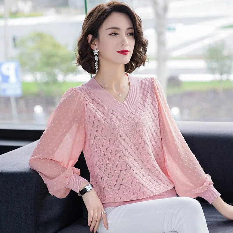 plus size / Pink 2024 Girls spring new arrival long sleeve sweater shirt  thin v-neck short woman sweater