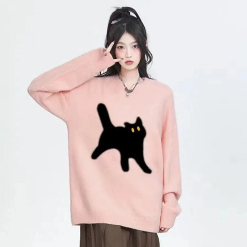 Plus Size / Pink 2024 spring and fall new arrivals best-selling girls' regular loose crew-neck kitten print cartoon knit pullover sweater