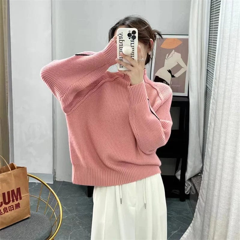 Plus Size / Pink 2024 Spring new arrivals best-selling high-quality women solid color semi-turtleneck long-sleeved loose knit pullover sweater