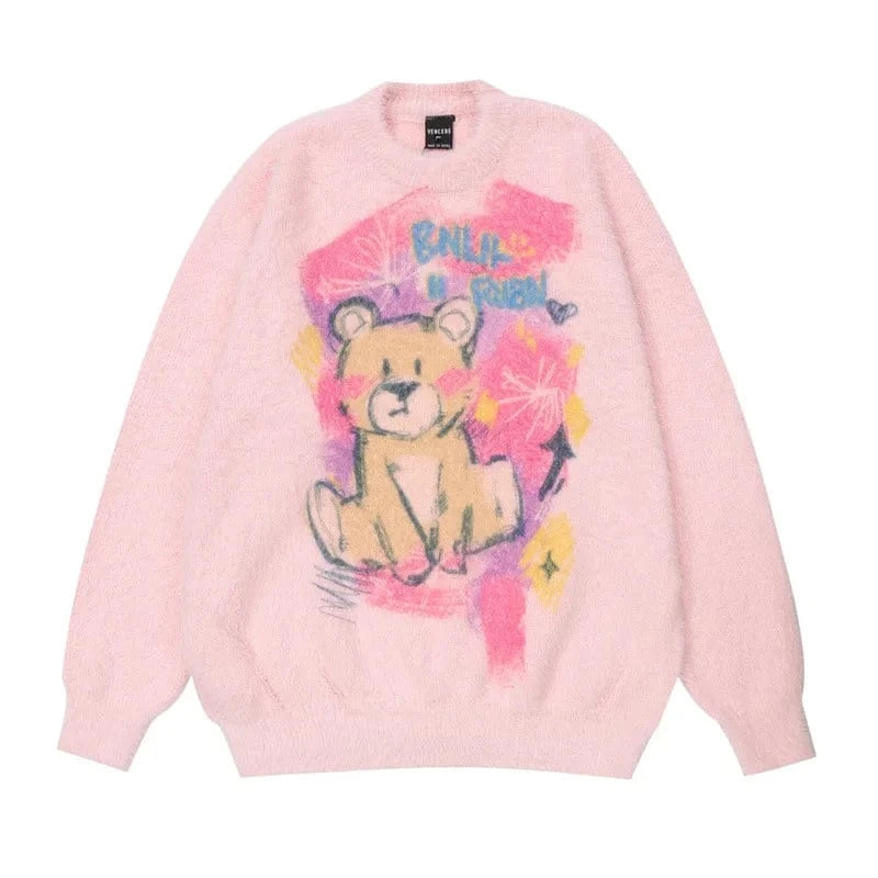 Plus Size / Pink 2024 Spring  woman new arrival crew neck long sleeve oversize mohair cartoon bear jacquard mohair sweater jumper