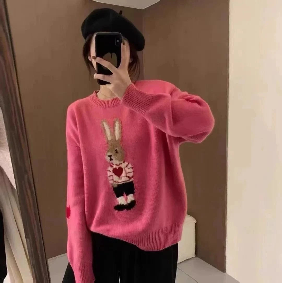 Plus Size / Pink 2024 Spring women new arrival crew neck long sleeve cartoon animal jacquard  sweater jumper