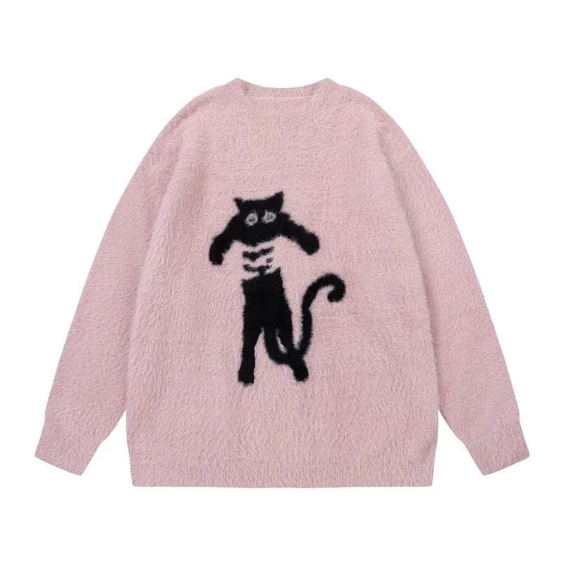 Plus Size / Pink 2024 Spring women new arrival crew neck long sleeve cartoon cat animal jacquard soft sweater jumper