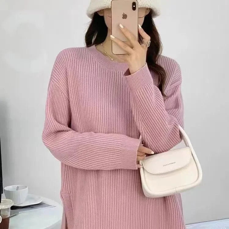 Plus Size / Pink 2024 Winter new arrivals women's solid color O-collar long-sleeved loose pullover sweater