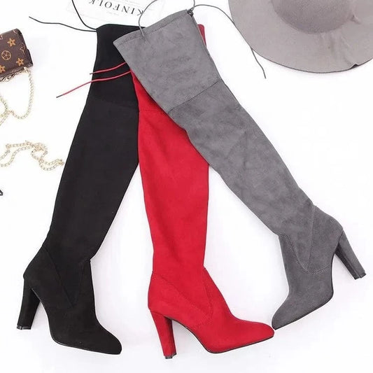 Plus Size Pointed Toe Red Women Boots Fashion Lace up Zipper Slip On Thick Heel Stretch Fabric Over Knee Women Boots